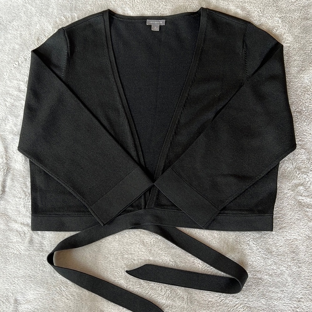 Ann Taylor Shrug Cardigan Jacket Black Silk Knit Ties Cropped Formal Office Wear